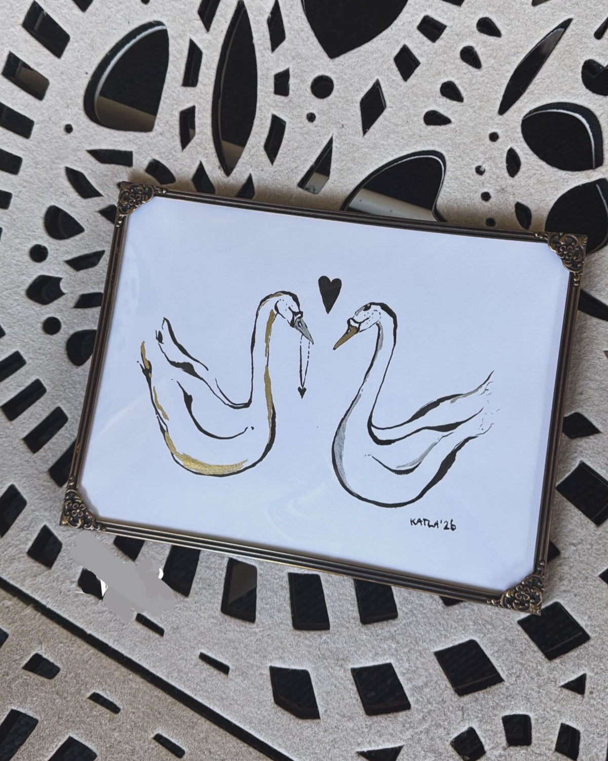Swans in love - Original ink painting