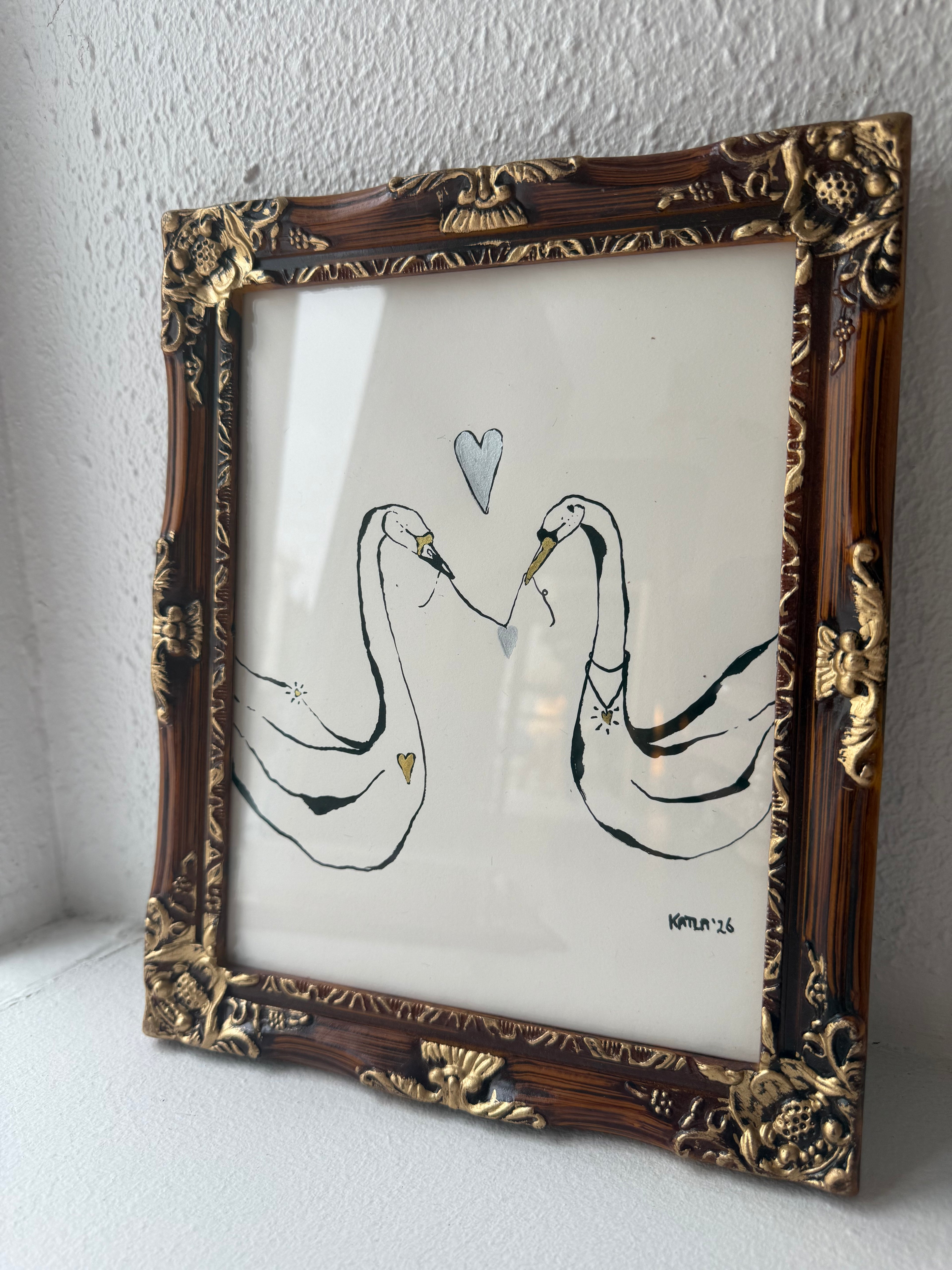 Swans in love - Original ink painting