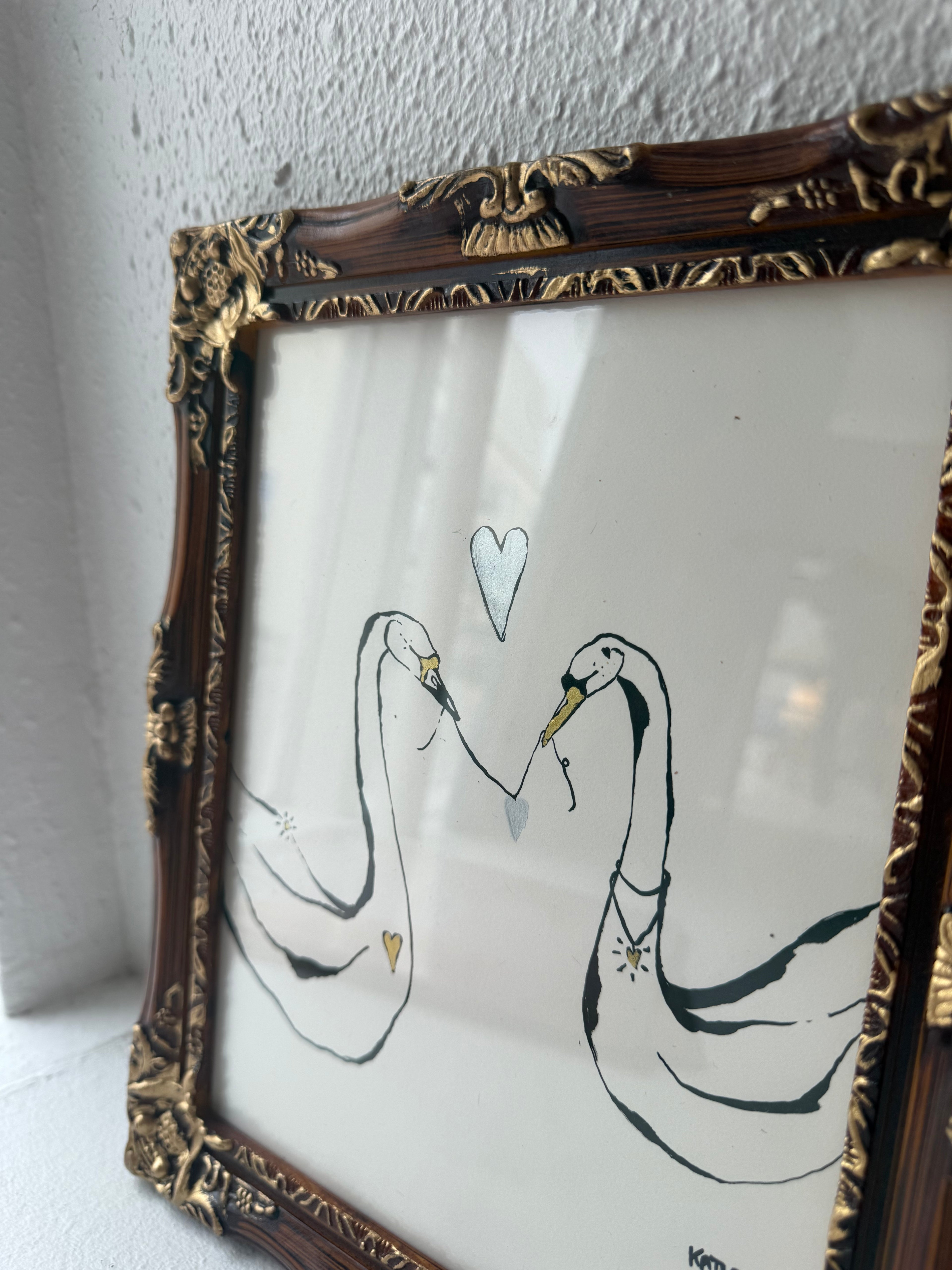 Swans in love - Original ink painting