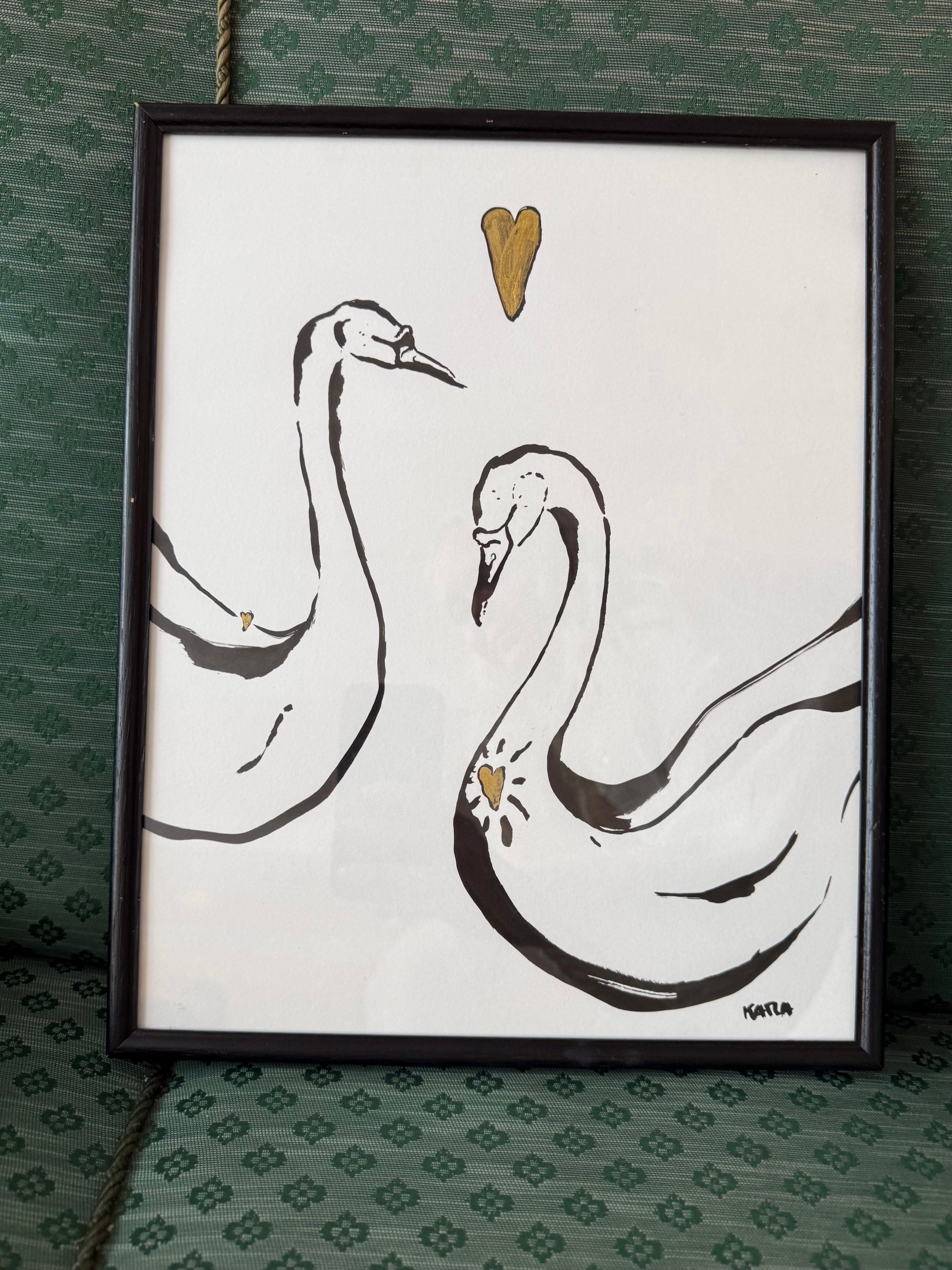 SWANS IN LOVE - ORIGINAL INK PAINTING