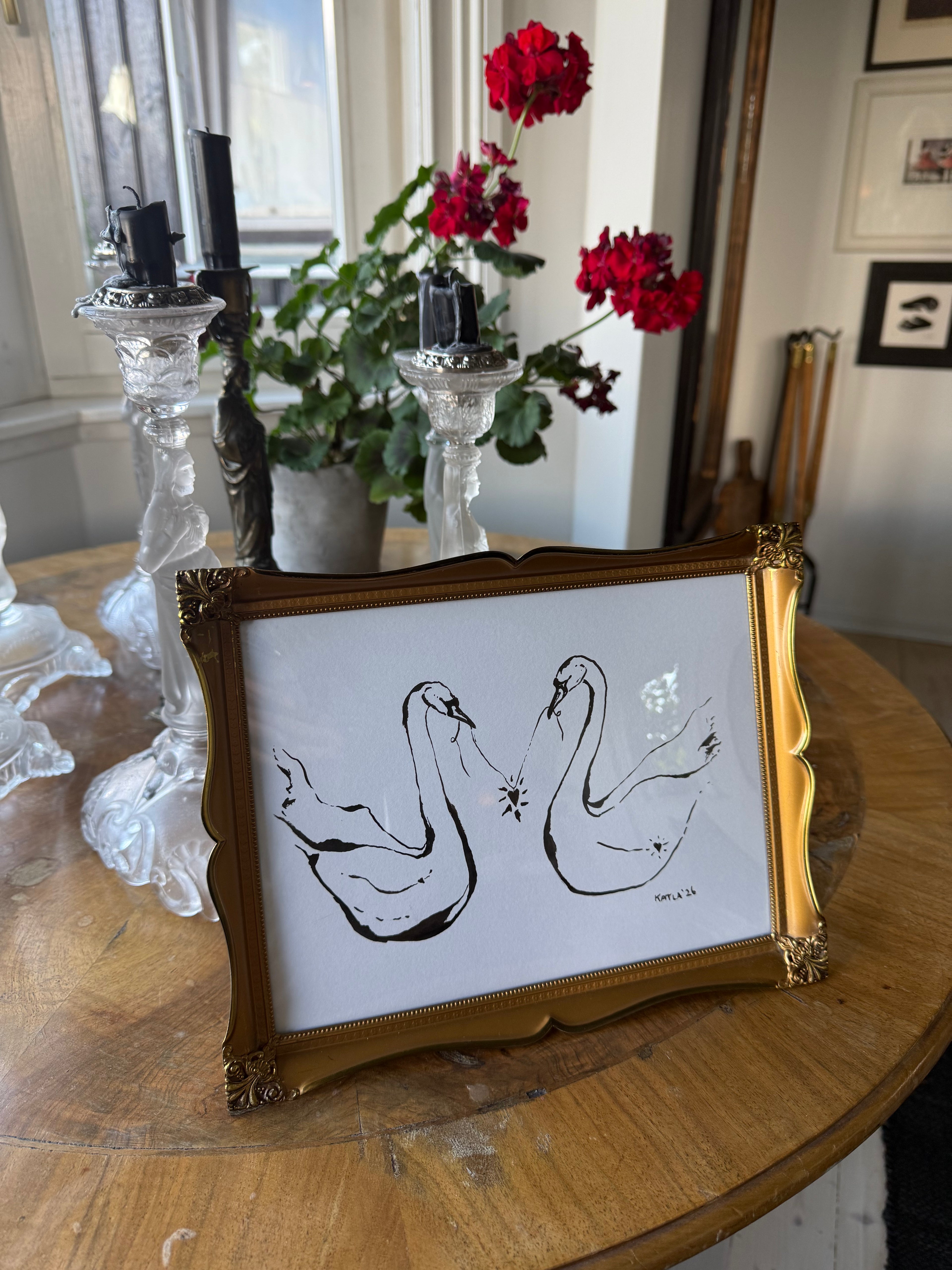 Swans in Love - Original ink painting