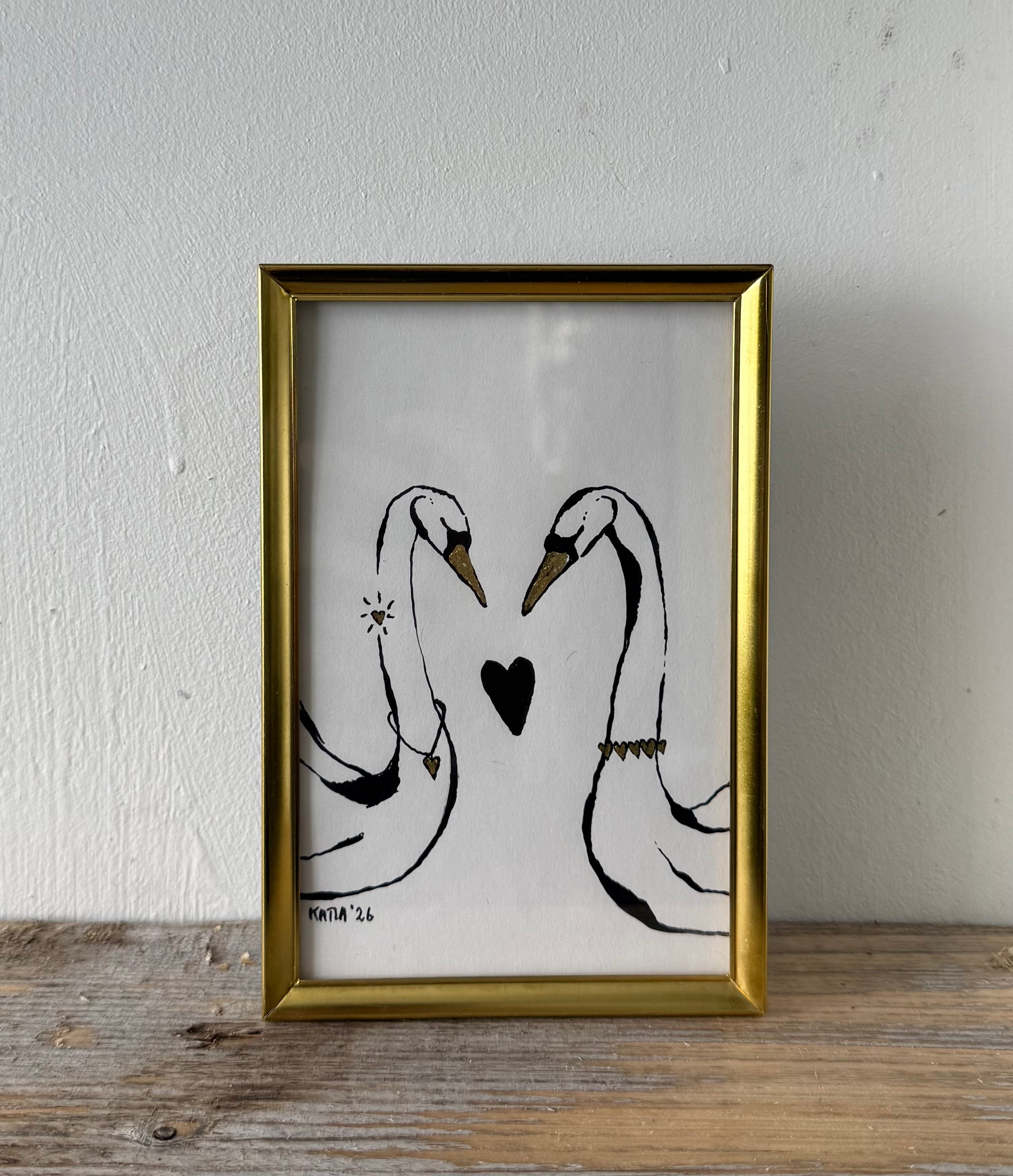 Swans in love - Original ink painting