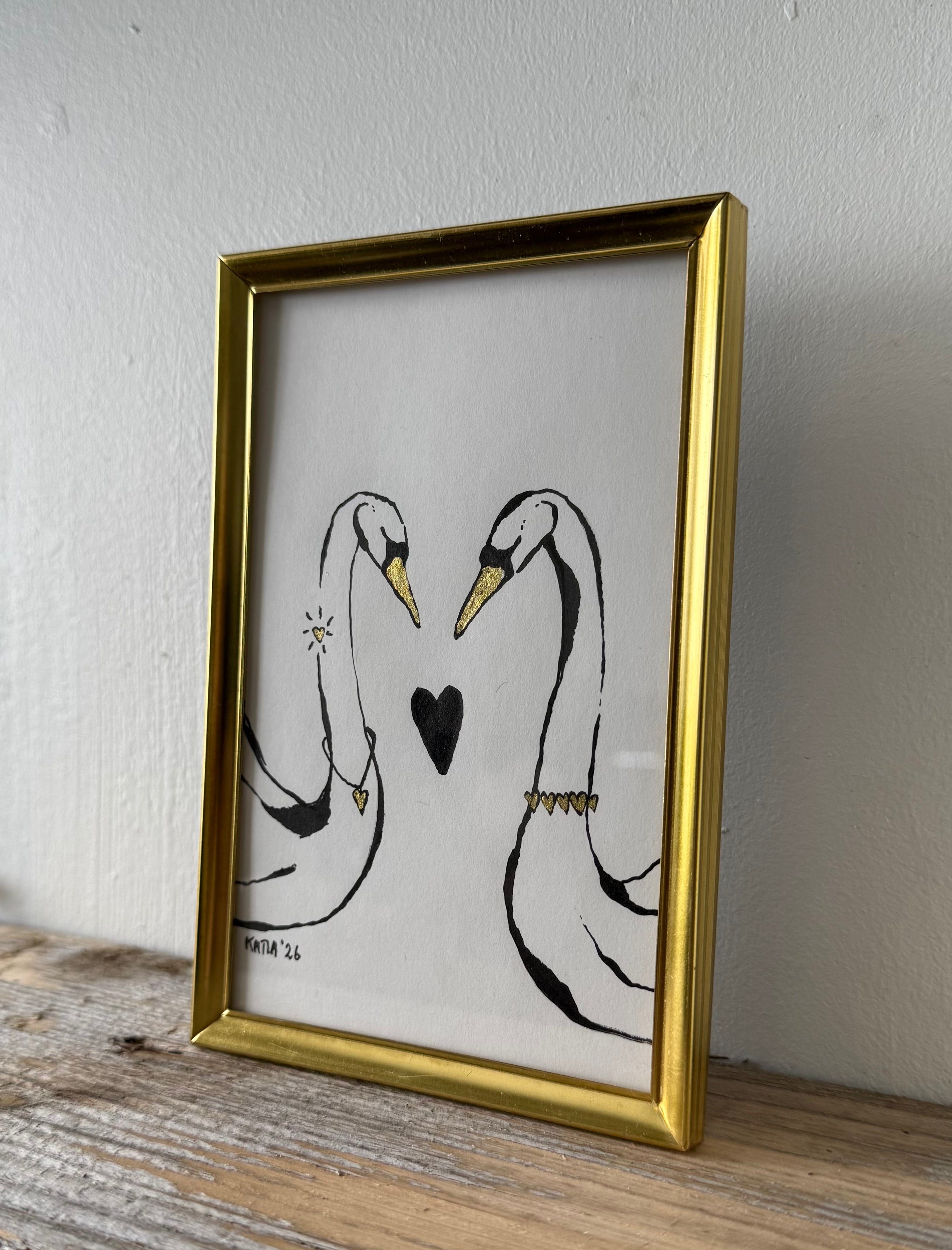 Swans in love - Original ink painting