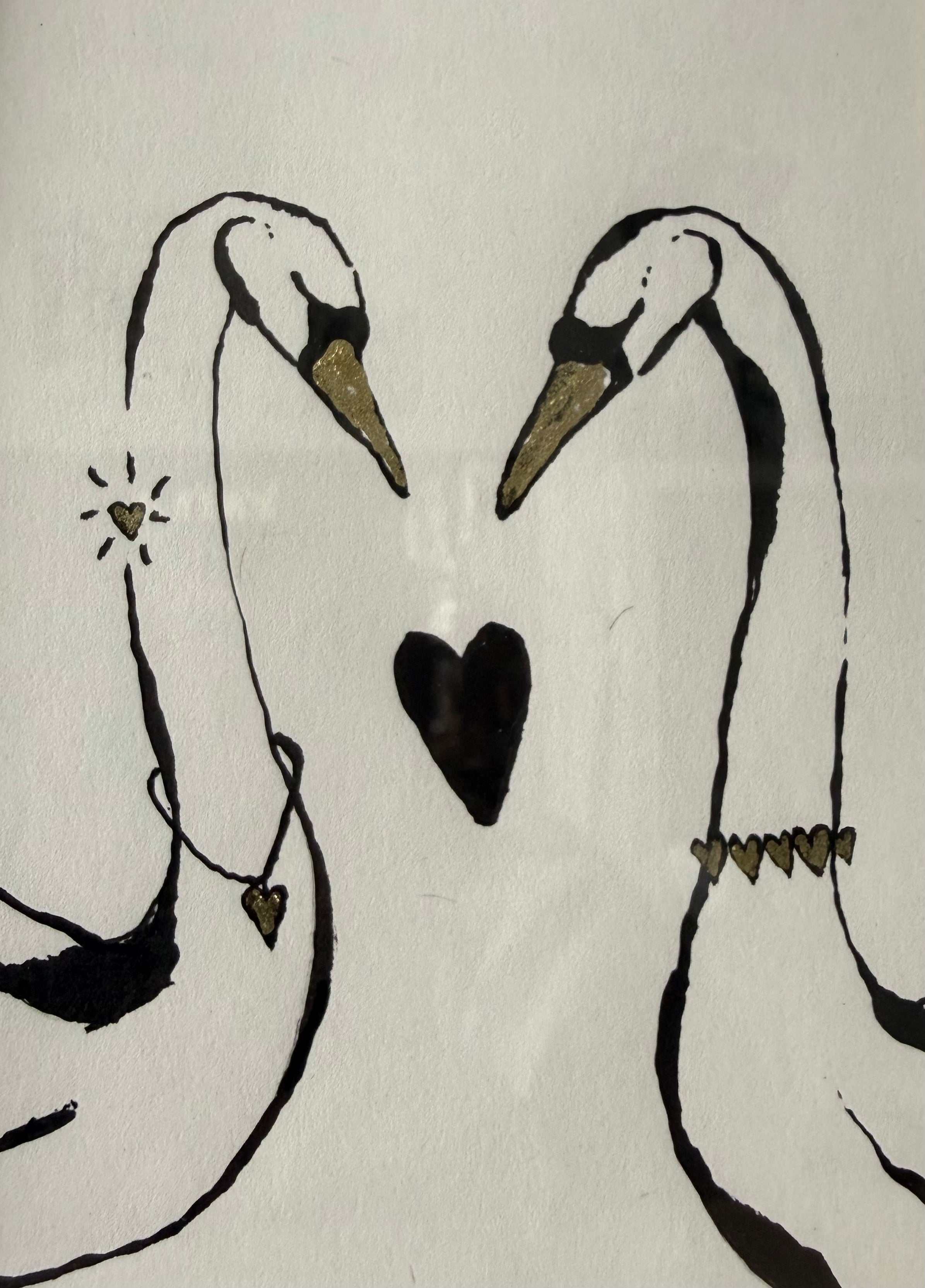 Swans in love - Original ink painting